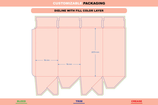 Tuck end box dieline template with four panels, featuring labeled bleed, trim, and crease lines with 96mm and 207.5mm dimension measurements