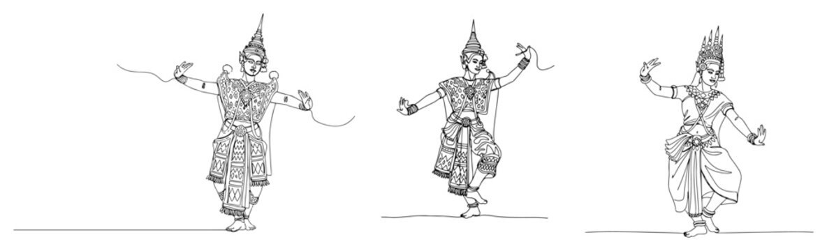 Traditional apsara dancers performing southeast asian folk dance in minimalist line art style