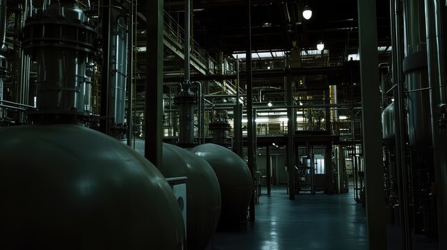 Industrial manufacturing plant interior with massive tanks, intricate piping and heavy machinery illustrating large scale chemical processing, engineering infrastructure and industry operations