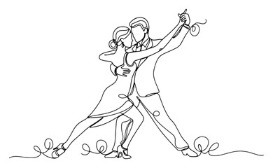 Obraz premium Elegant couple performing ballroom tango dance in minimalist continuous line art style