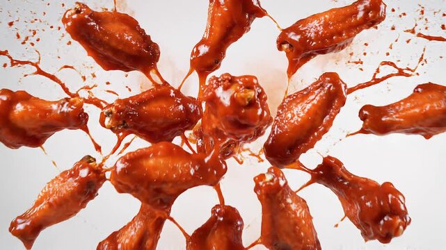 Delicious chicken wings drenched in a rich, savory sauce, presented as a vibrant food photography explosion