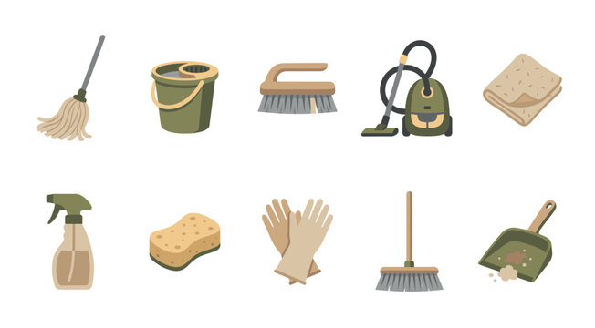 This flat design collection features essential cleaning tools including a mop, bucket, vacuum, brushes, gloves, spray bottle, and dustpan for a clean home.