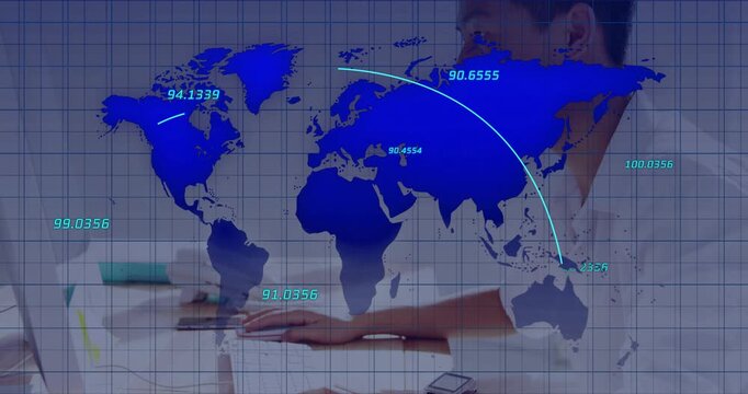Adult male placing hands on keys, typing, activating map arcs pulsing data for network monitoring