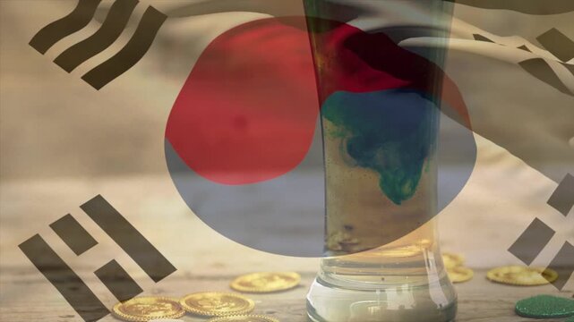 Translucent South Korean flag shifting as droplet sinking, glass forming blue-green plume, focusing