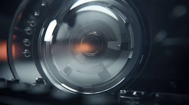 Optical lens close up with internal mechanical components and glowing elements, symbolizing advanced digital technology, data processing, and precision engineering