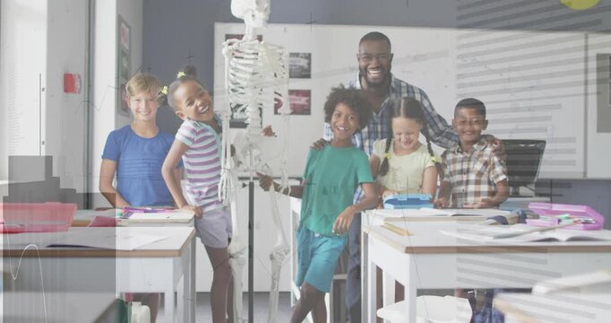 Teacher placing hands on pupils, posing around skeleton as overlays showing blue device for anatomy