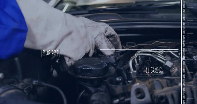 Tech gloved hand entering engine, turning cap, repairing fuel lines while dates moving across frame