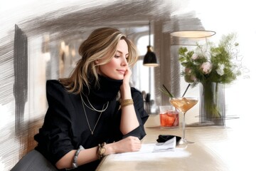 Elegant Lady in a Chic Setting Enjoying a Moment of Reflection with Drinks and Flowers