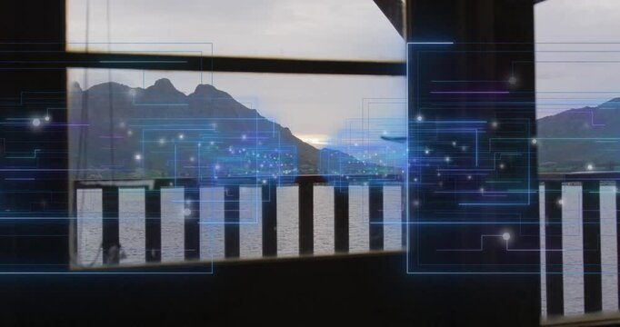 Vertical video: After start, balcony rail showing circuit overlay pulsing, shifting to show data