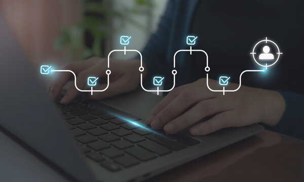 Digital Recruitment and Approval Workflow. Glowing user icon at the end of a digital flow with checkmarks, symbolizing assessment, approval, selection and modern recruitment processes.