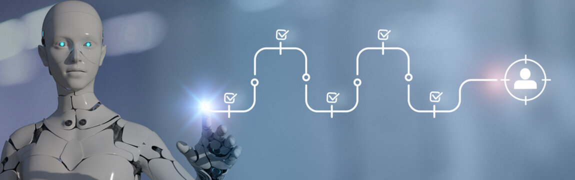 Digital Recruitment and Approval Workflow. Glowing user icon at the end of a digital flow with checkmarks, symbolizing assessment, approval, selection and modern recruitment processes.