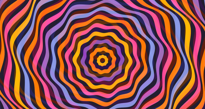 Funky psychedelic vector geometric background with distorted wavy lines, groovy optical illusion pattern for music festivals flyers and posters