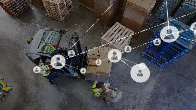 Forklift moving load while depot lead checking docs after coming, network overlay growing over team