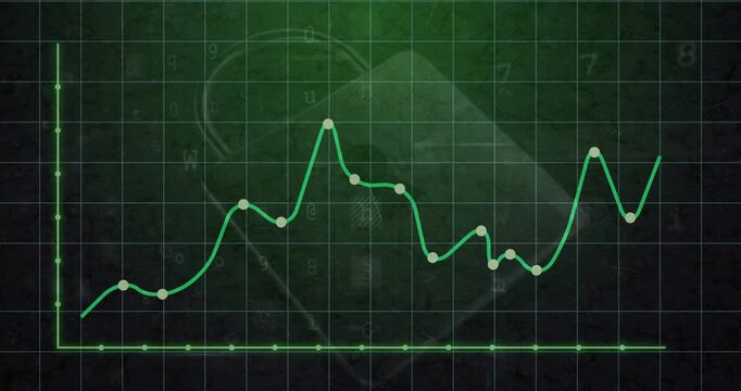 Glowing line graph starting scan on grid, rising with node markers, showing SCANNING for security