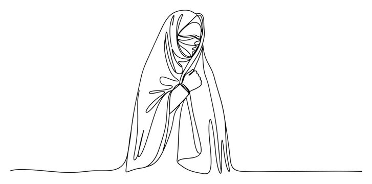 Muslim woman wearing traditional niqab and hijab in continuous line art style