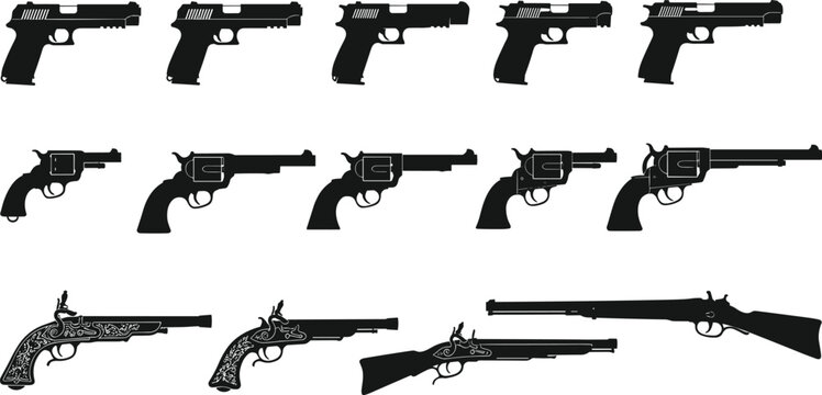 Handgun and rifle silhouettes collection featuring modern pistols revolvers and antique flintlock firearms isolated on white background for security military history and 