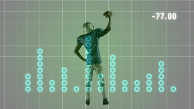 Athlete preparing throw with teal columns appearing over torso while readout rising for sports data