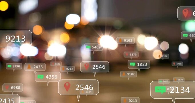Data markers growing on city street as cars near, hiding walker, showing tech alerts for creators