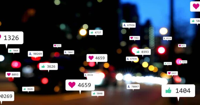 Incoming likes spawning social badges over blurred street, updating counters and showing engagement