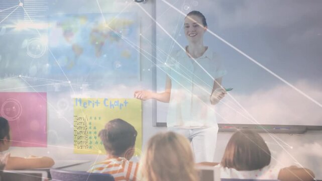 Teacher gesturing in school near map, HUD overlaying scene, student raising hand asking question