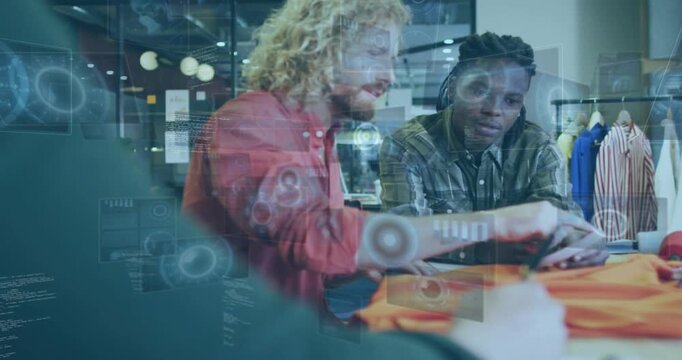 Lead designer handling orange sample, tapping tablet, sparking HUD guiding design choice in studio