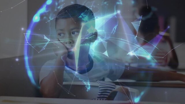 Boy leaning on hand at school desk, nodes forming, joining into globe showing network around him