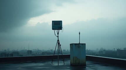 Fototapeta premium Vintage crt monitor mounted on a tripod standing on a wet rooftop, overlooking a vast, foggy urban cityscape under a cloudy sky during a gloomy atmospheric dusk