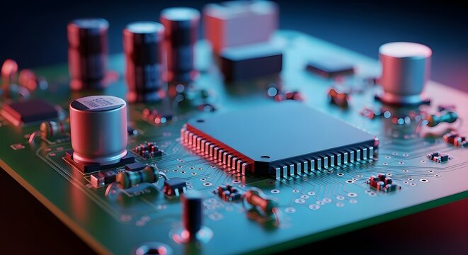 Detailed close-up view of a complex electronic circuit board with a central processor and various components illuminated