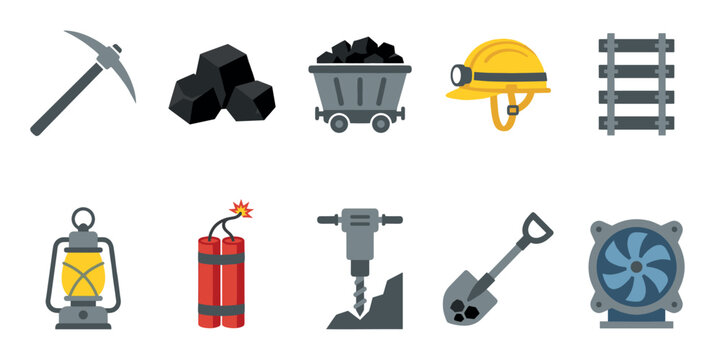 A flat design collection of mining tools and equipment including a pickaxe, coal, mining cart, helmet, rails, lantern, dynamite, drill, shovel, and fan.