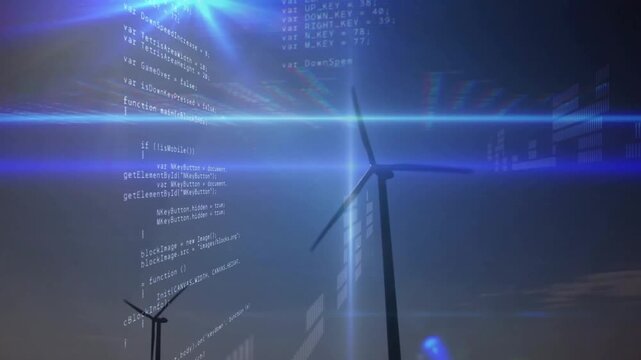 Lens flare rising, wind turbine rotating as code scrolling, pulsing grid displaying energy data