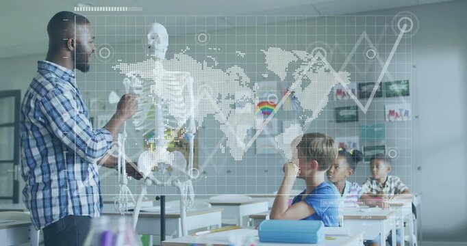 Teacher raising hand pointing to skeleton, causing AR dotmap nodes and rising line teaching anatomy