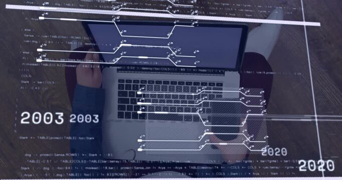 Woman holding smartphone near laptop, starting timeline circuits and guiding typing for tech study