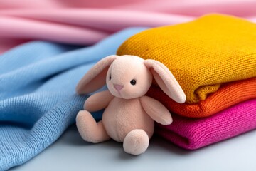 Cozy Baby Plush Toy Laid on Soft Fabric Blankets in Pastel Colors for Nursery Decor