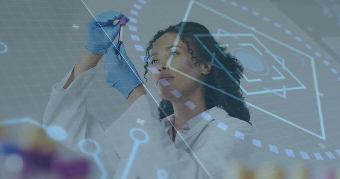 Lab scientist raising vial to eye level analyzing pink fluid with blue HUD overlays showing data