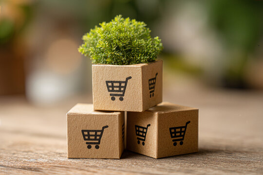 E-commerce Shopping Concept with Green Plant on Carton Boxes Symbolizing Eco-Friendly Online