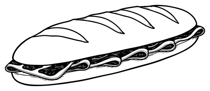 Baguette sandwich with meat and cheese filling in vintage engraving style