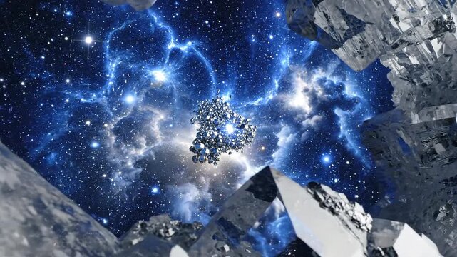 Crystal opening to vibrant cosmic nebula and stars