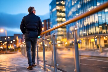 Obraz premium Evening Urban Scene with Reflection of Figure Standing Near Modern Buildings at Dusk