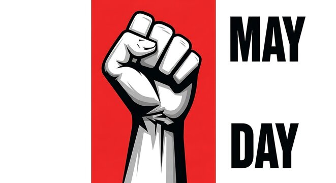 Fist raised in protest for May Day labor rights demonstration on red background