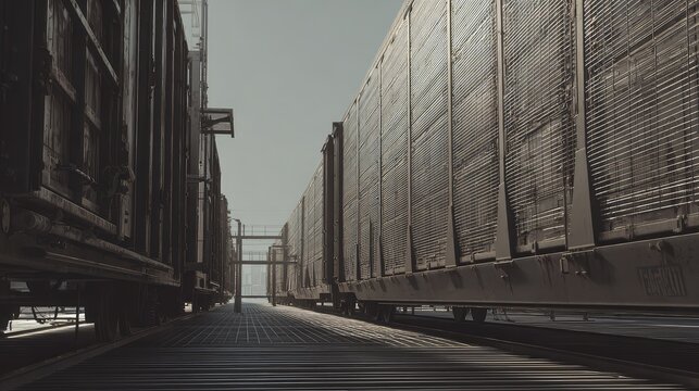 Heavy industrial railcars lined on parallel tracks, metallic wagons loaded for shipment, perspective view highlighting logistics, transport, and large scale freight movement