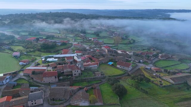 Aerial view from a drone of the area surrounding the village of M&aacute;moles in the Sayago region. Arribes del Duero Natural Park. Province of Zamora. Castile and Le&oacute;n. Spain. Europe