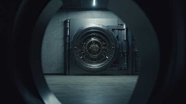 Massive steel bank vault door with intricate locking mechanism ensuring maximum security and protection for valuable assets and confidential information, built into a concrete wall