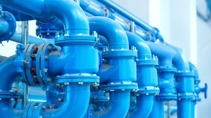 Obraz premium Blue metal pipes with valves in a modern industrial setting.