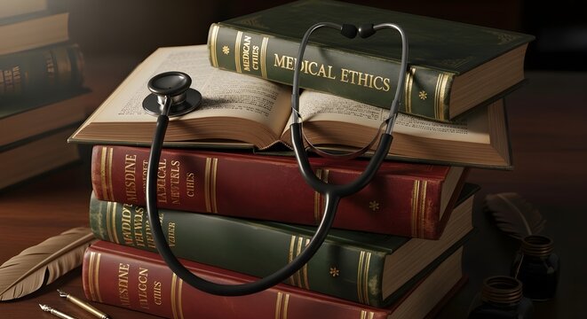 Stethoscope on stack of old medical ethics and medicine textbooks in a library.