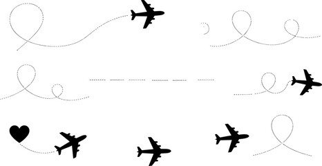 Airplane silhouette illustration with dashed flight paths, aviation travel concept, heart-shaped trail design, global tourism, journey routes, international air connectivity, wanderlust adventure © mstsahera