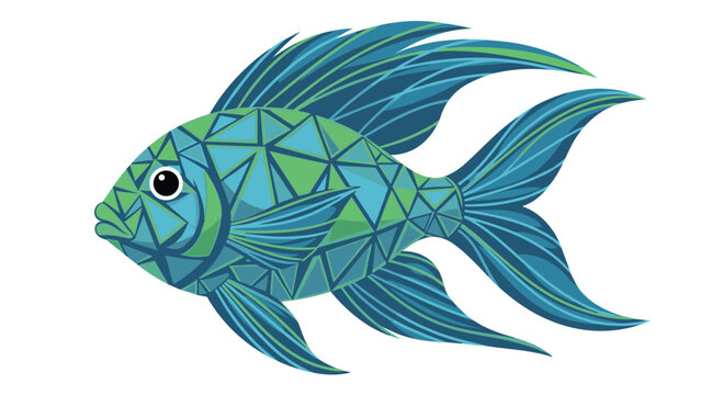 A stylized aquatic fish composed of various shades of blue and green geometric triangles creates a mosaic-like appearance with long flowing dorsal fins in bright light.