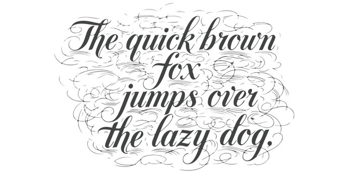 A classic pangram written in elegant black script typography isolated on a plain white background.