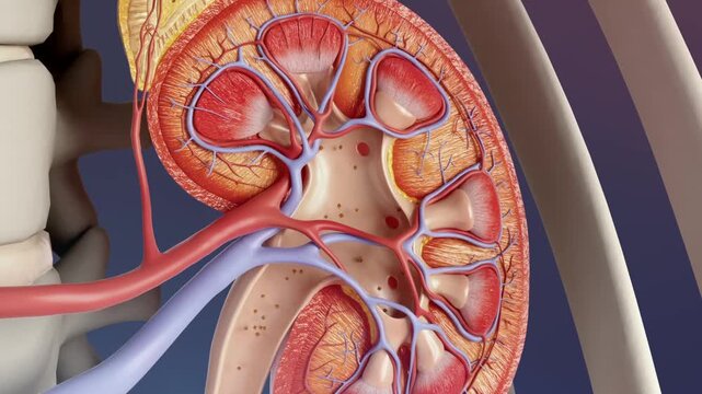 Kidney stones form in the renal pelvis within kidney. Small kidney stones are excreted through urine, while larger stones accumulate in renal pelvis and cannot be excreted, urinary tract infection, 3D