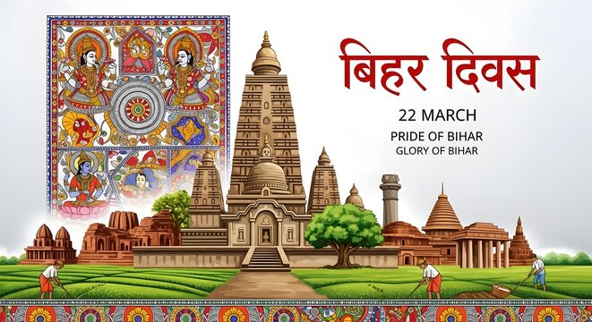Digital painting for Bihar Day celebration featuring vibrant traditional Indian artwork with colorful cultural symbols, artistic heritage poster, and festive ethnic illustration design.