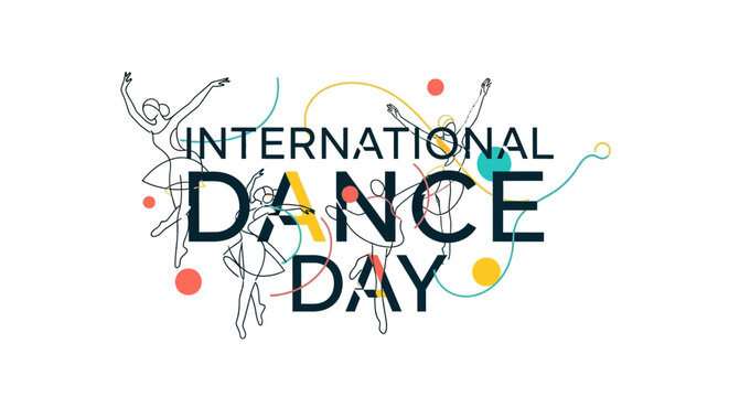 International Dance Day celebration with abstract dancing figures and colorful elements on an isolated white background.
